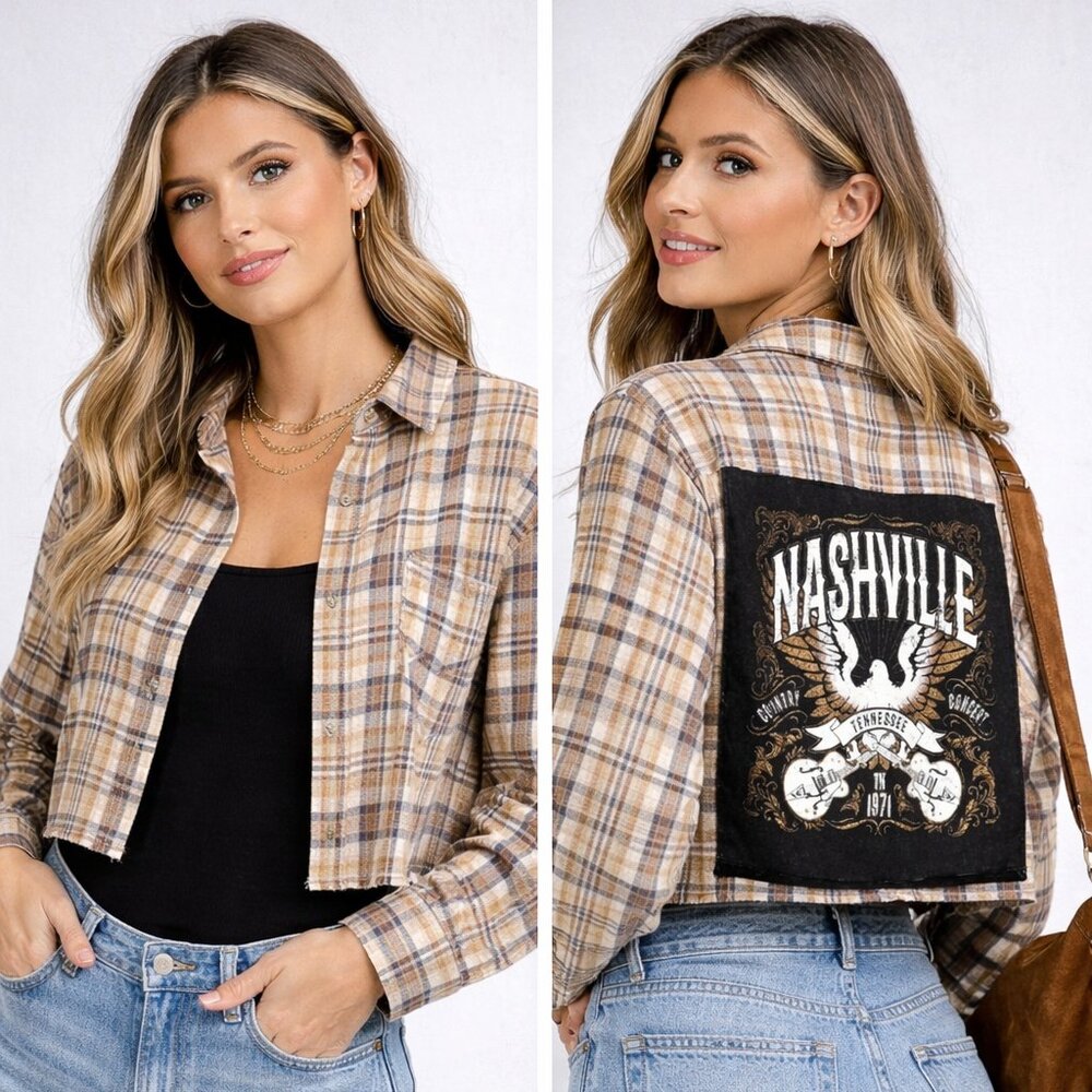 Altar’d State Nashville Cropped Plaid Shirt |‎ Graphic Back | Size XS